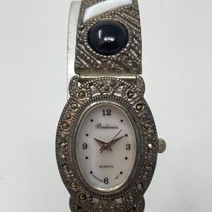 Vintage Badavici Women's Watch Marcasite 24mm Silver Tone MOP Cab New Battery 7"